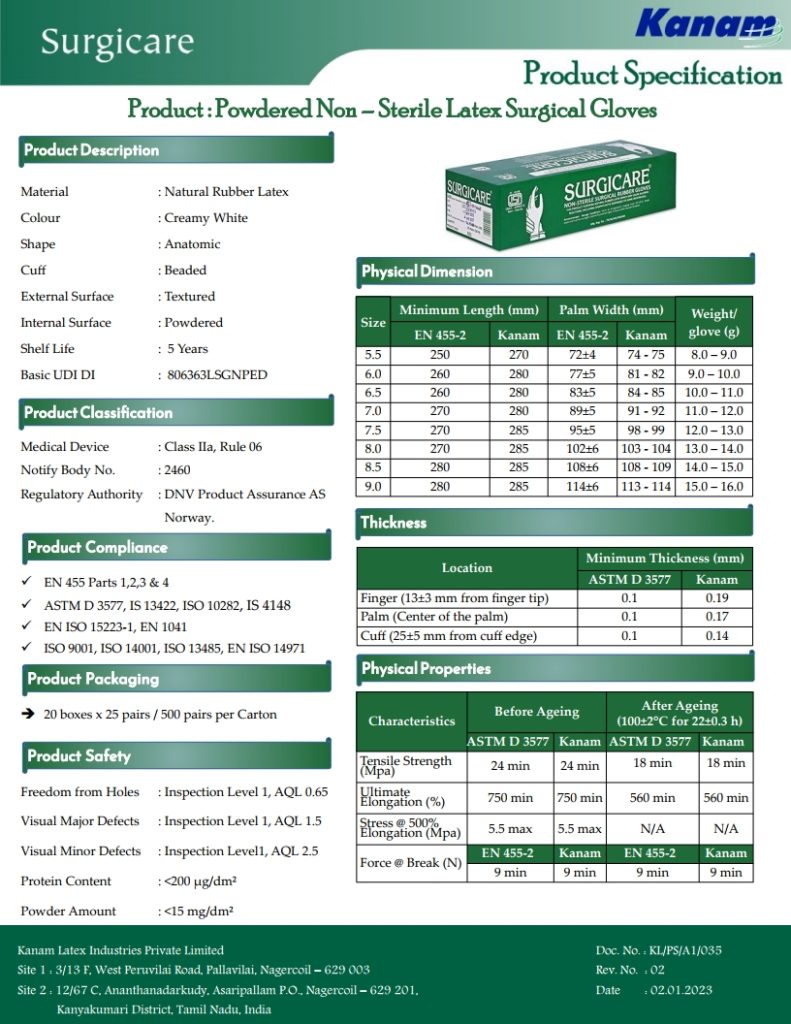 Surgicare Product Specifications