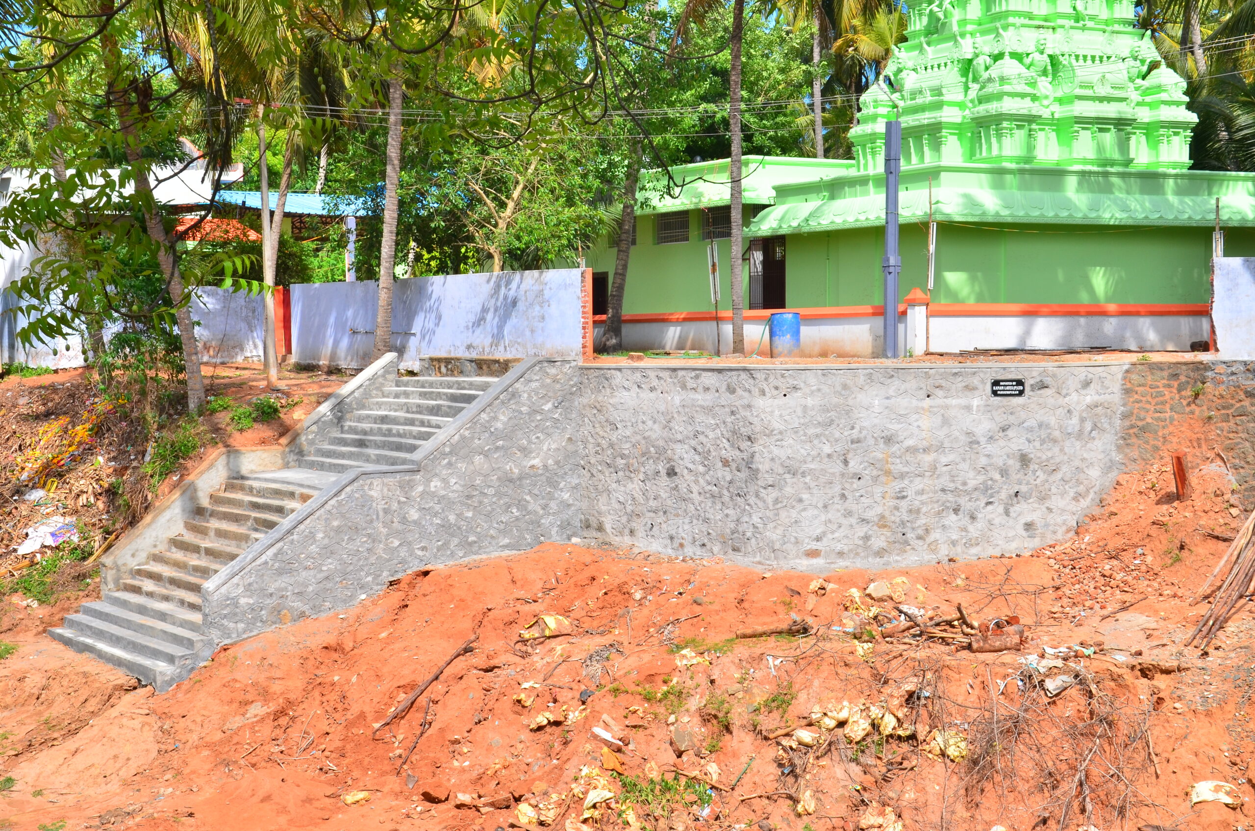 Retaining wall constructed around public water pond  in Keelasankarankuzhi, Kanyakumari.